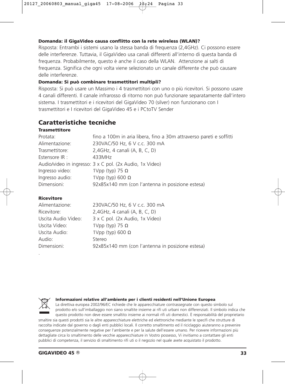Caratteristiche tecniche | JA Audio 45 User Manual | Page 33 / 42