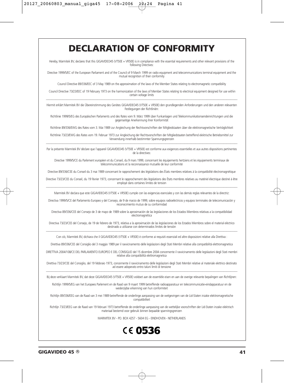 Declaration of conformity, Gigavideo 45 | JA Audio 45 User Manual | Page 41 / 42