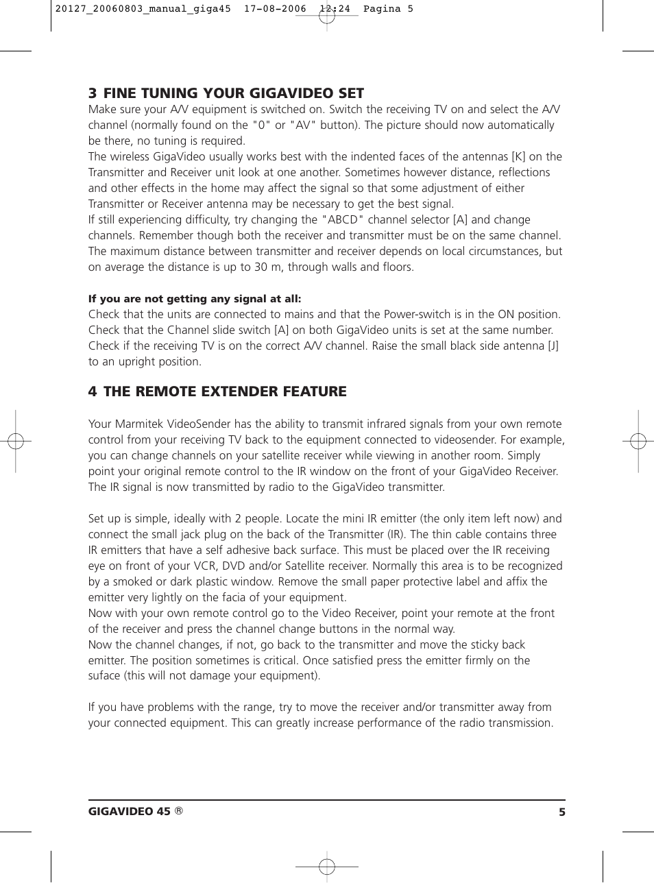 3 fine tuning your gigavideo set, 4 the remote extender feature | JA Audio 45 User Manual | Page 5 / 42