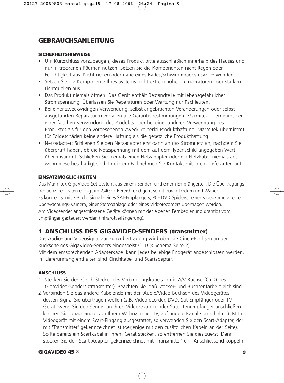 Gebrauchsanleitung, 1 anschluss des gigavideo-senders | JA Audio 45 User Manual | Page 9 / 42