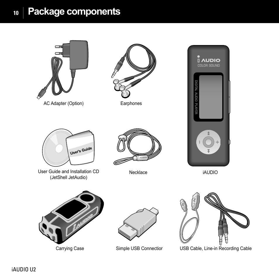 Package components | JetAudio iAUDIO U2 User Manual | Page 10 / 74