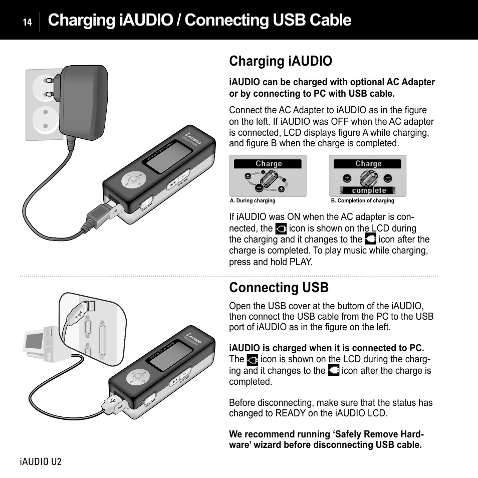 Charging iaudio / connecting usb cable, Connecting usb, Charging iaudio | JetAudio iAUDIO U2 User Manual | Page 14 / 74