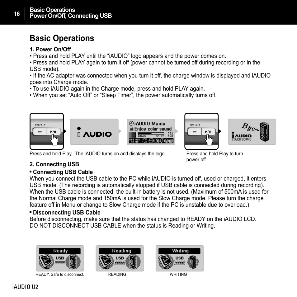 Basic operations | JetAudio iAUDIO U2 User Manual | Page 16 / 74