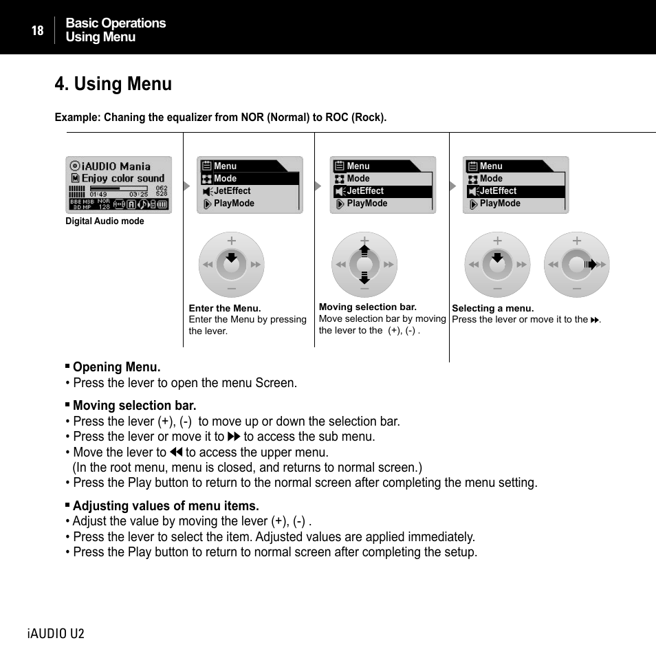 Using menu | JetAudio iAUDIO U2 User Manual | Page 18 / 74