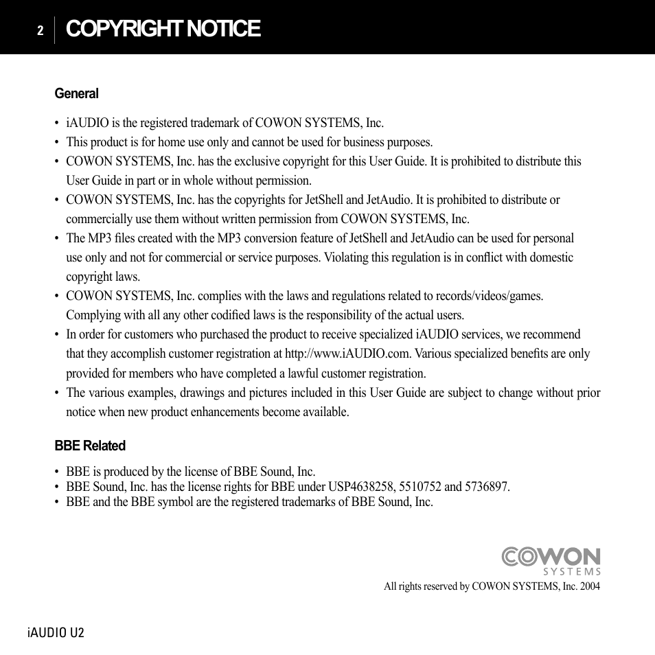 Copyright notice | JetAudio iAUDIO U2 User Manual | Page 2 / 74