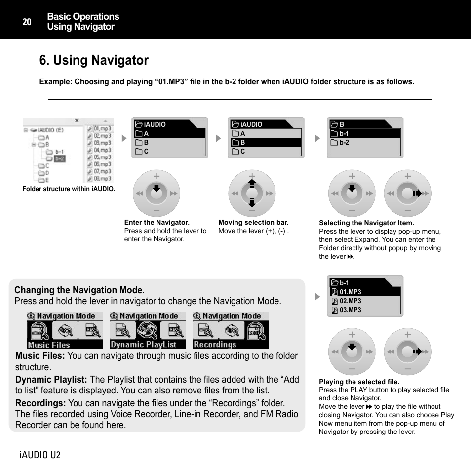 Using navigator | JetAudio iAUDIO U2 User Manual | Page 20 / 74
