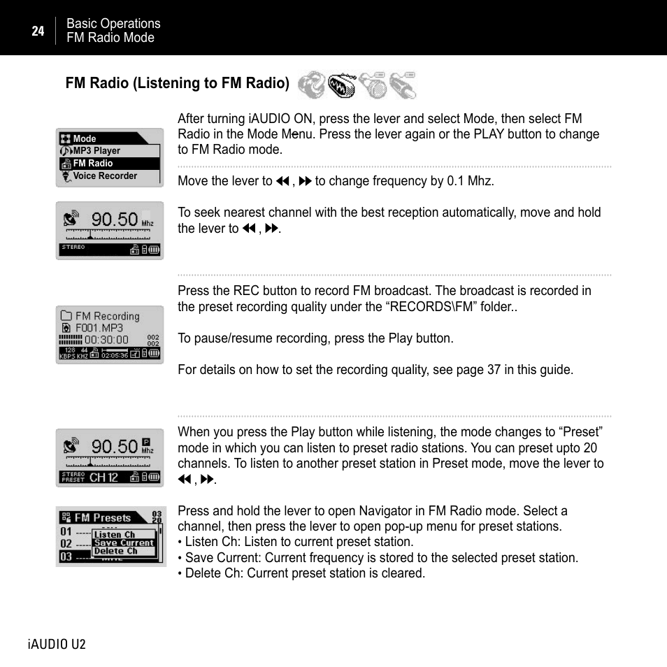 Fm radio (listening to fm radio) | JetAudio iAUDIO U2 User Manual | Page 24 / 74