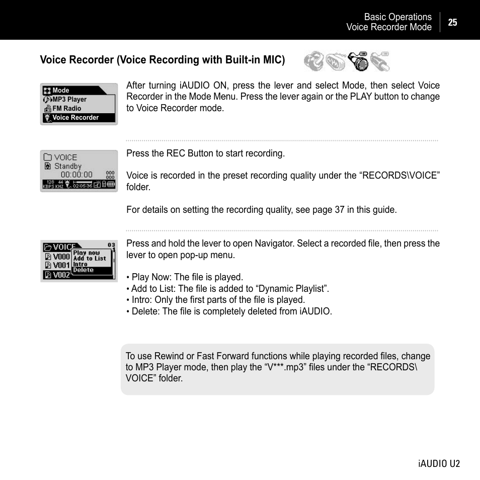 Voice recorder (voice recording with built-in mic) | JetAudio iAUDIO U2 User Manual | Page 25 / 74