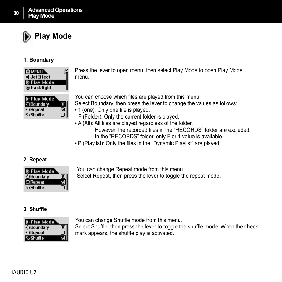 Play mode | JetAudio iAUDIO U2 User Manual | Page 30 / 74