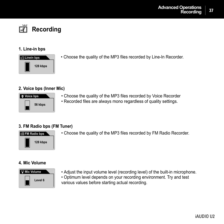 Recording | JetAudio iAUDIO U2 User Manual | Page 37 / 74