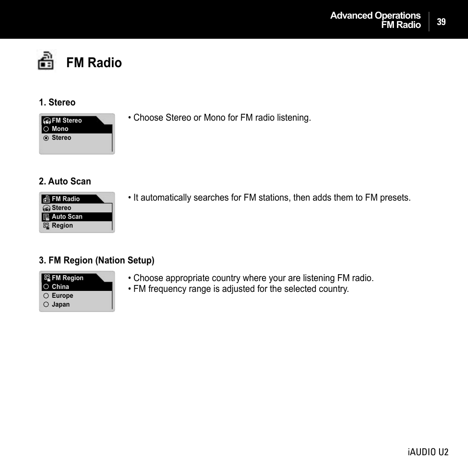 Fm radio | JetAudio iAUDIO U2 User Manual | Page 39 / 74