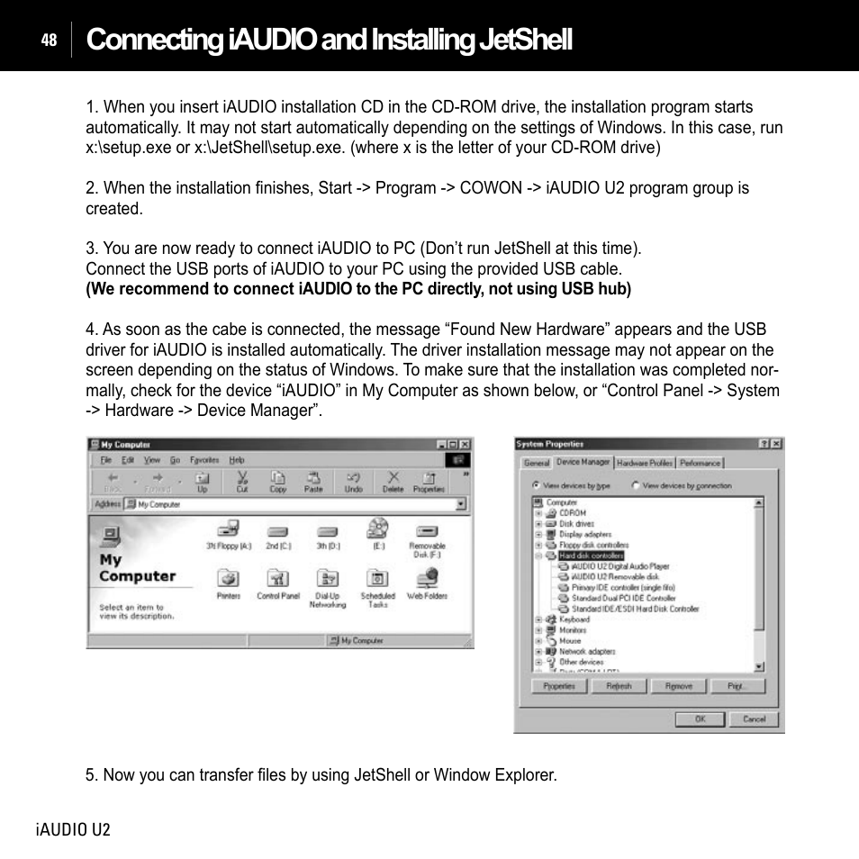 Connecting iaudio and installing jetshell | JetAudio iAUDIO U2 User Manual | Page 48 / 74