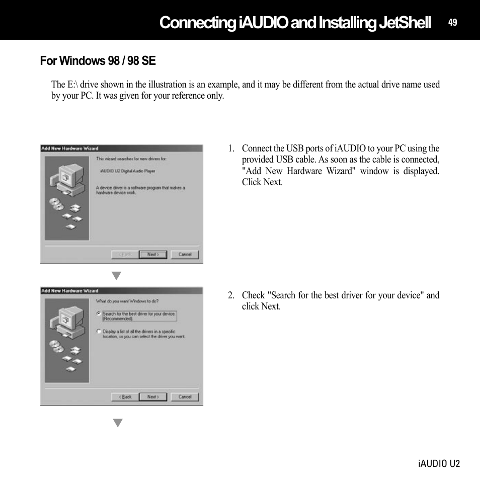 Connecting iaudio and installing jetshell, For windows 98 / 98 se | JetAudio iAUDIO U2 User Manual | Page 49 / 74