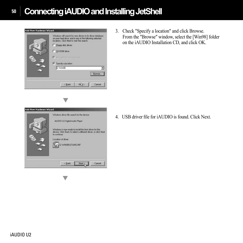 Connecting iaudio and installing jetshell | JetAudio iAUDIO U2 User Manual | Page 50 / 74
