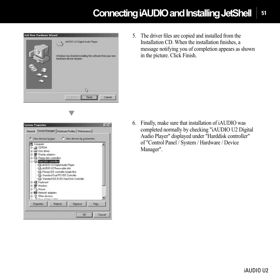 Connecting iaudio and installing jetshell | JetAudio iAUDIO U2 User Manual | Page 51 / 74