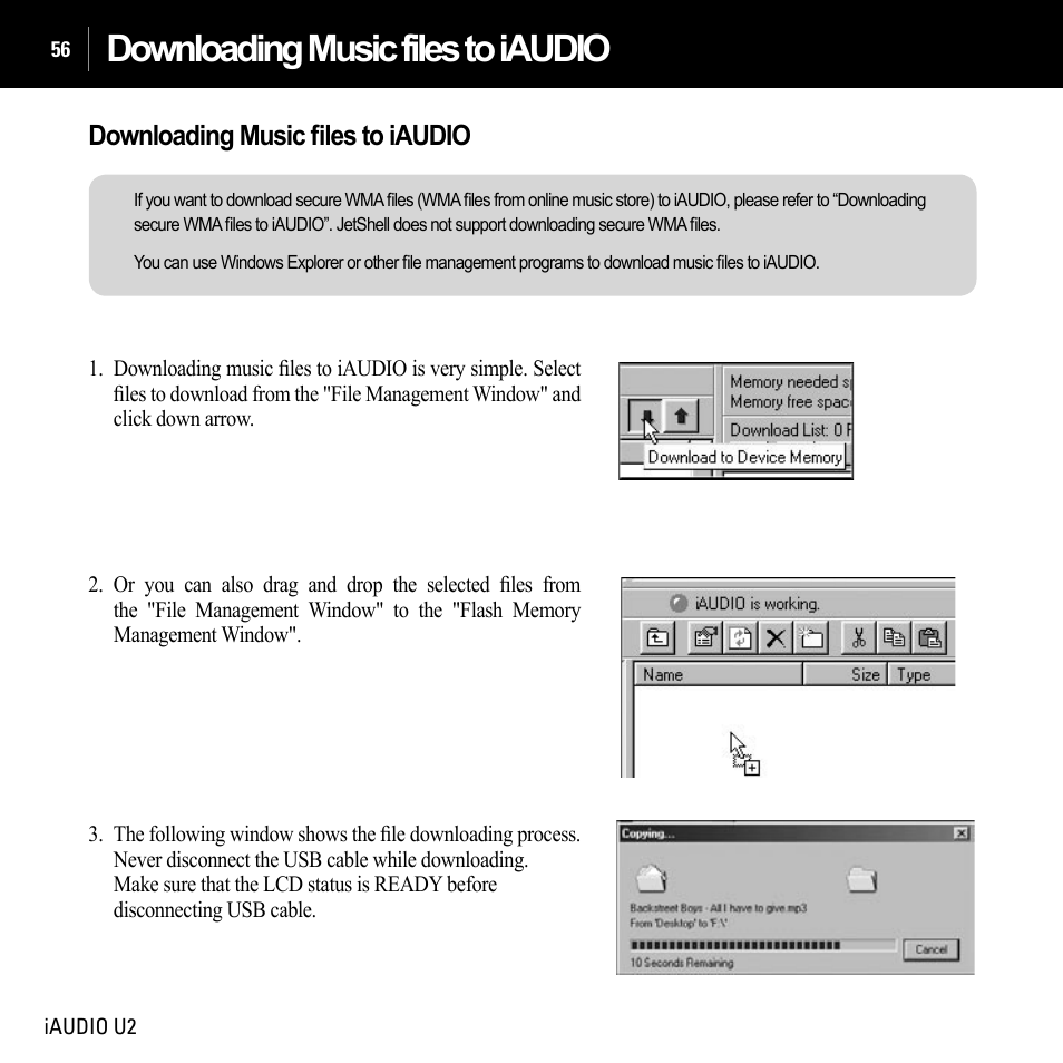 Downloading music files to iaudio, Downloading music ﬁles to iaudio | JetAudio iAUDIO U2 User Manual | Page 56 / 74