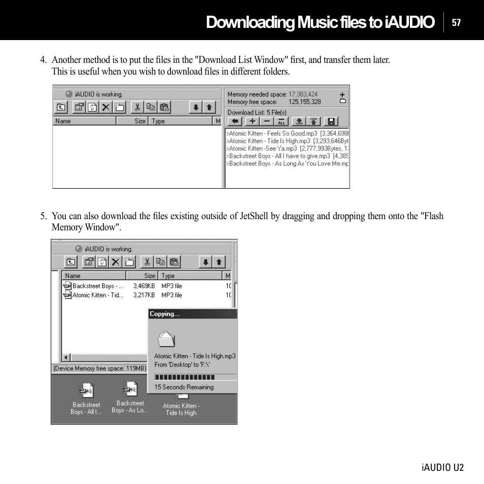 Downloading music files to iaudio | JetAudio iAUDIO U2 User Manual | Page 57 / 74