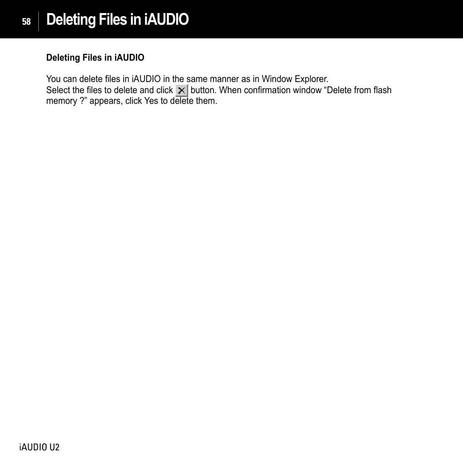Deleting files in iaudio | JetAudio iAUDIO U2 User Manual | Page 58 / 74