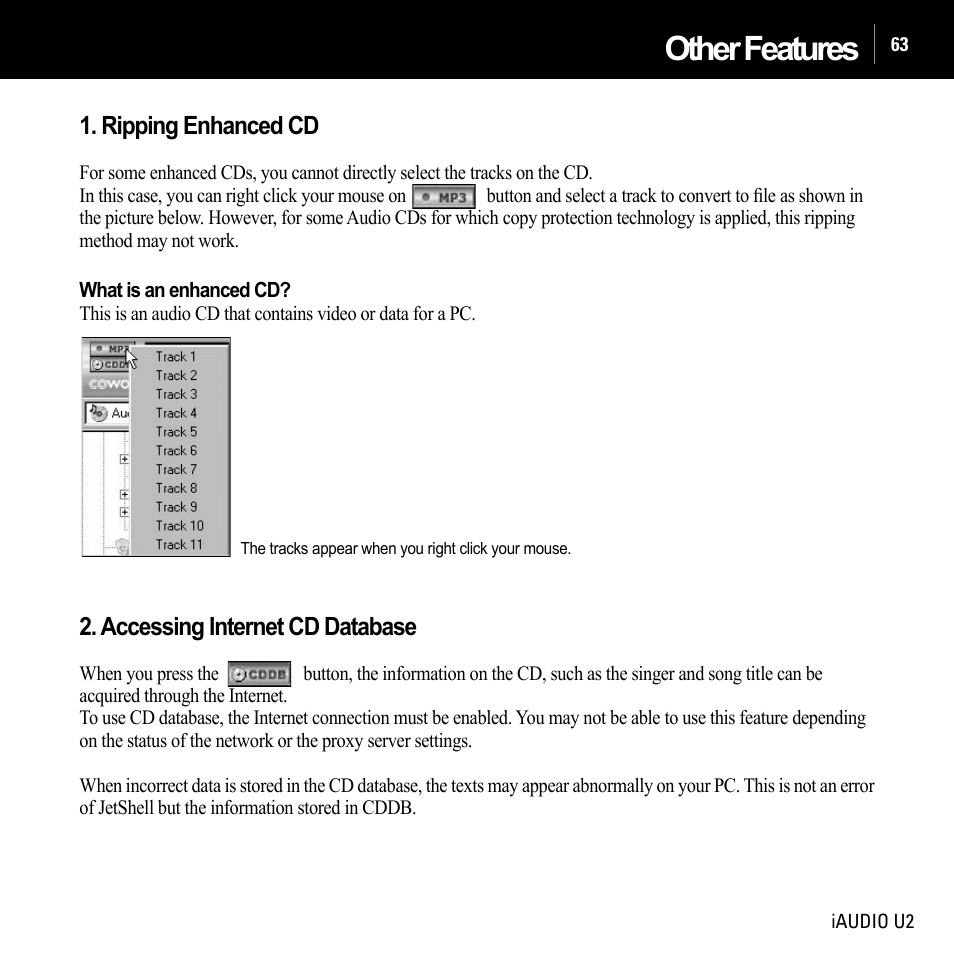 Other features, Ripping enhanced cd, Accessing internet cd database | JetAudio iAUDIO U2 User Manual | Page 63 / 74