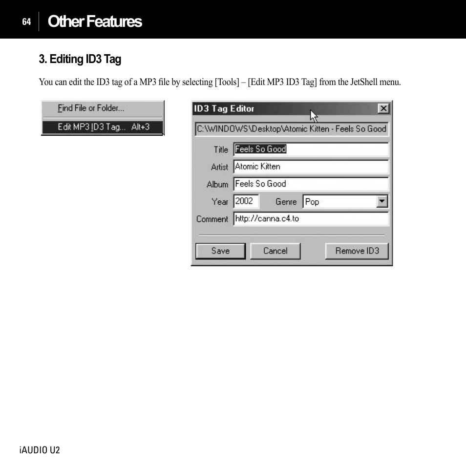 Other features | JetAudio iAUDIO U2 User Manual | Page 64 / 74