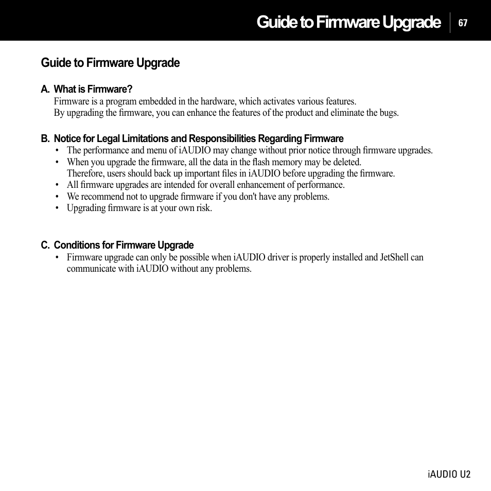 Guide to firmware upgrade | JetAudio iAUDIO U2 User Manual | Page 67 / 74