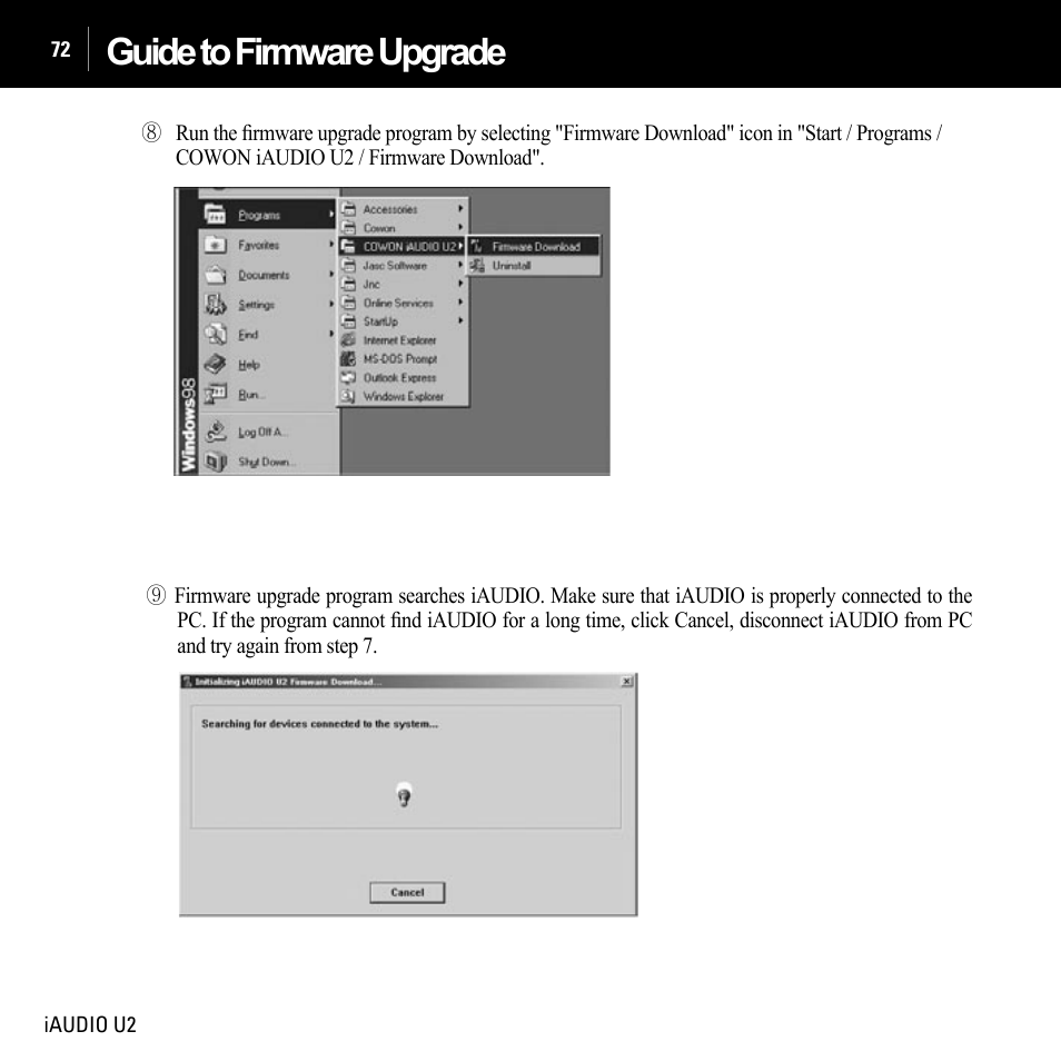 Guide to firmware upgrade | JetAudio iAUDIO U2 User Manual | Page 72 / 74
