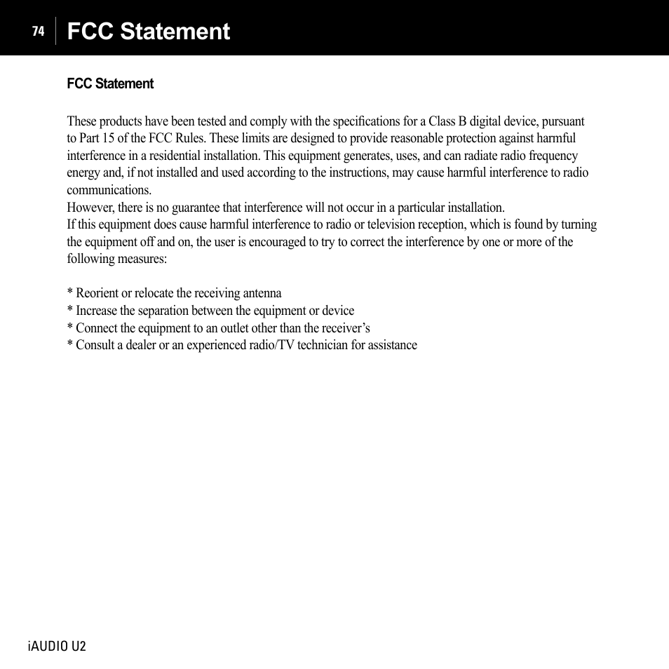 Fcc statement | JetAudio iAUDIO U2 User Manual | Page 74 / 74