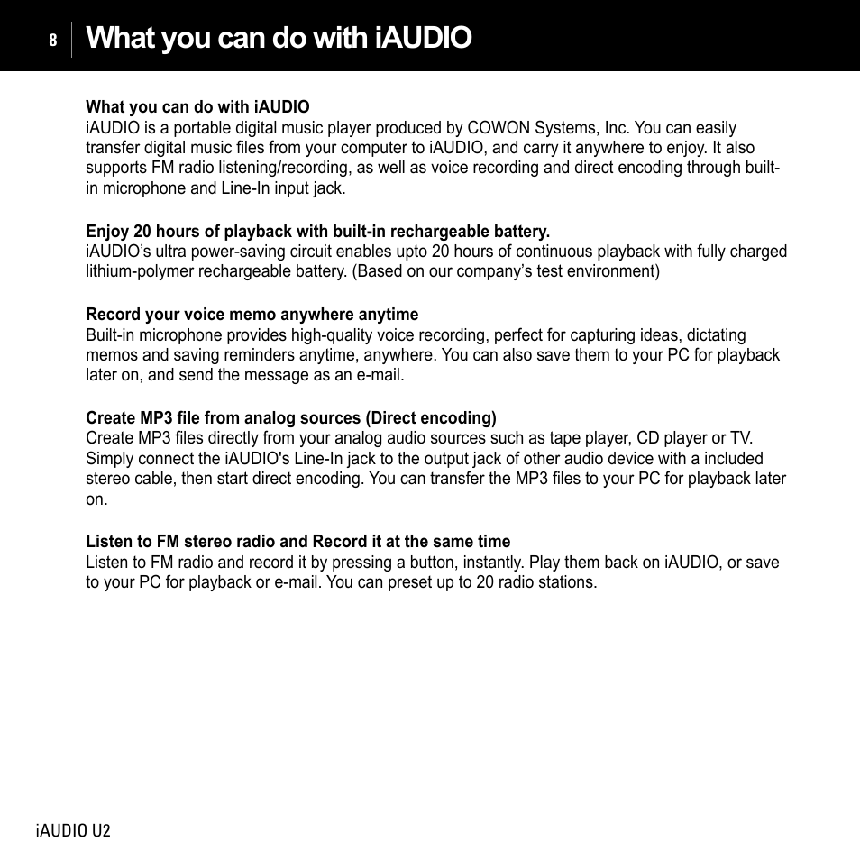 What you can do with iaudio | JetAudio iAUDIO U2 User Manual | Page 8 / 74