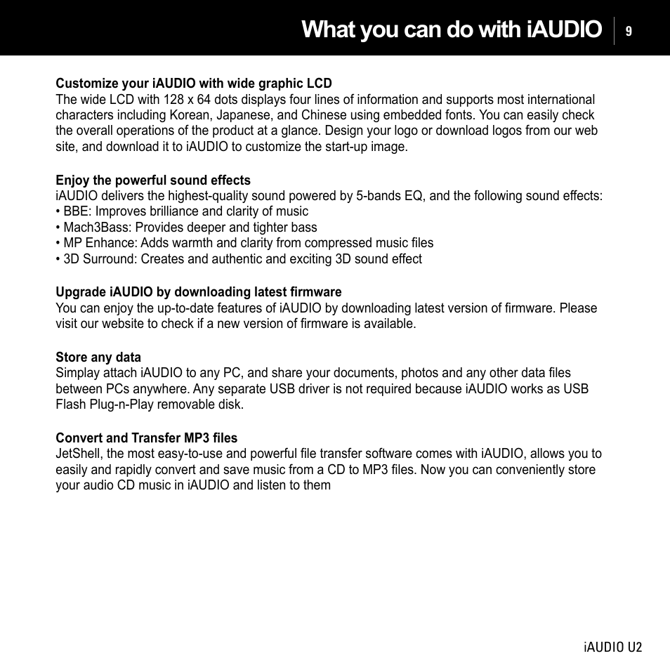 What you can do with iaudio | JetAudio iAUDIO U2 User Manual | Page 9 / 74