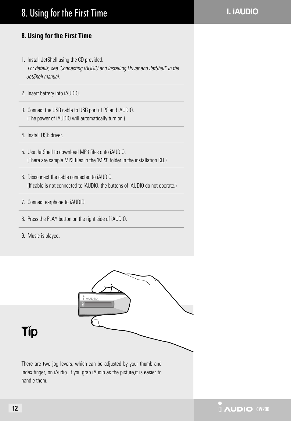 Using for the first time | JetAudio iAUDIO CW200 User Manual | Page 12 / 56