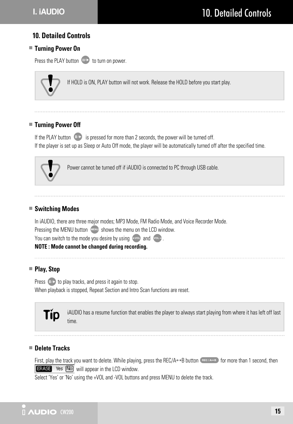 Detailed controls | JetAudio iAUDIO CW200 User Manual | Page 15 / 56