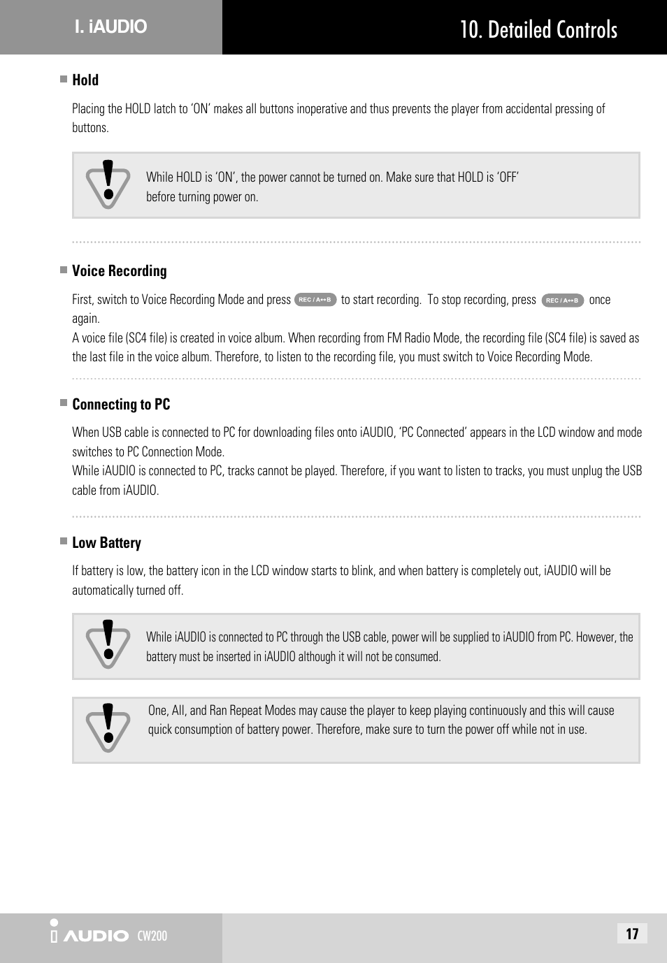 Detailed controls | JetAudio iAUDIO CW200 User Manual | Page 17 / 56