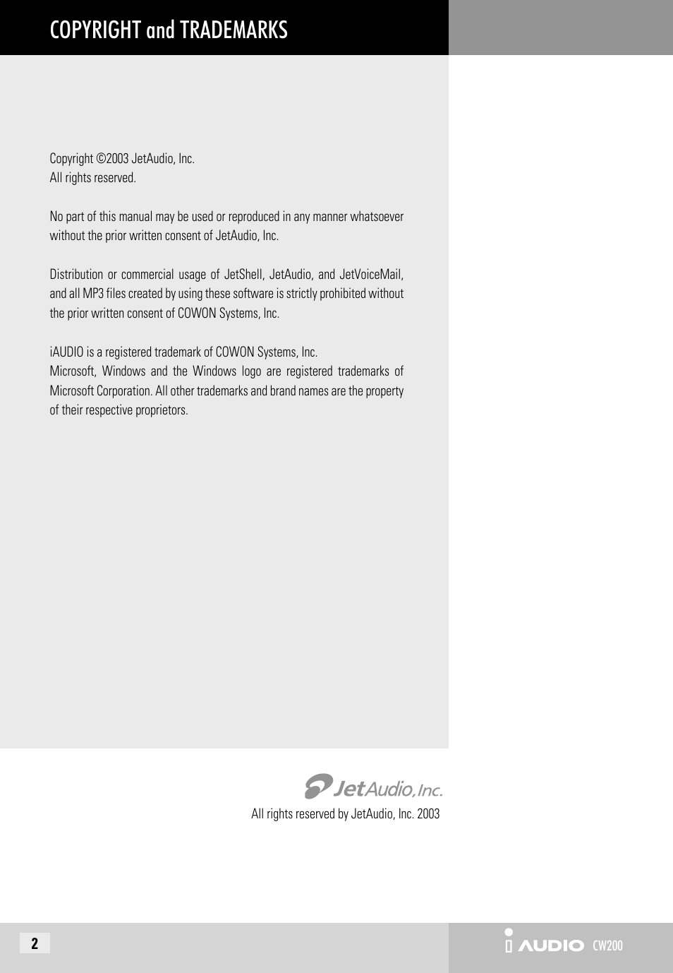 Copyright and trademarks | JetAudio iAUDIO CW200 User Manual | Page 2 / 56