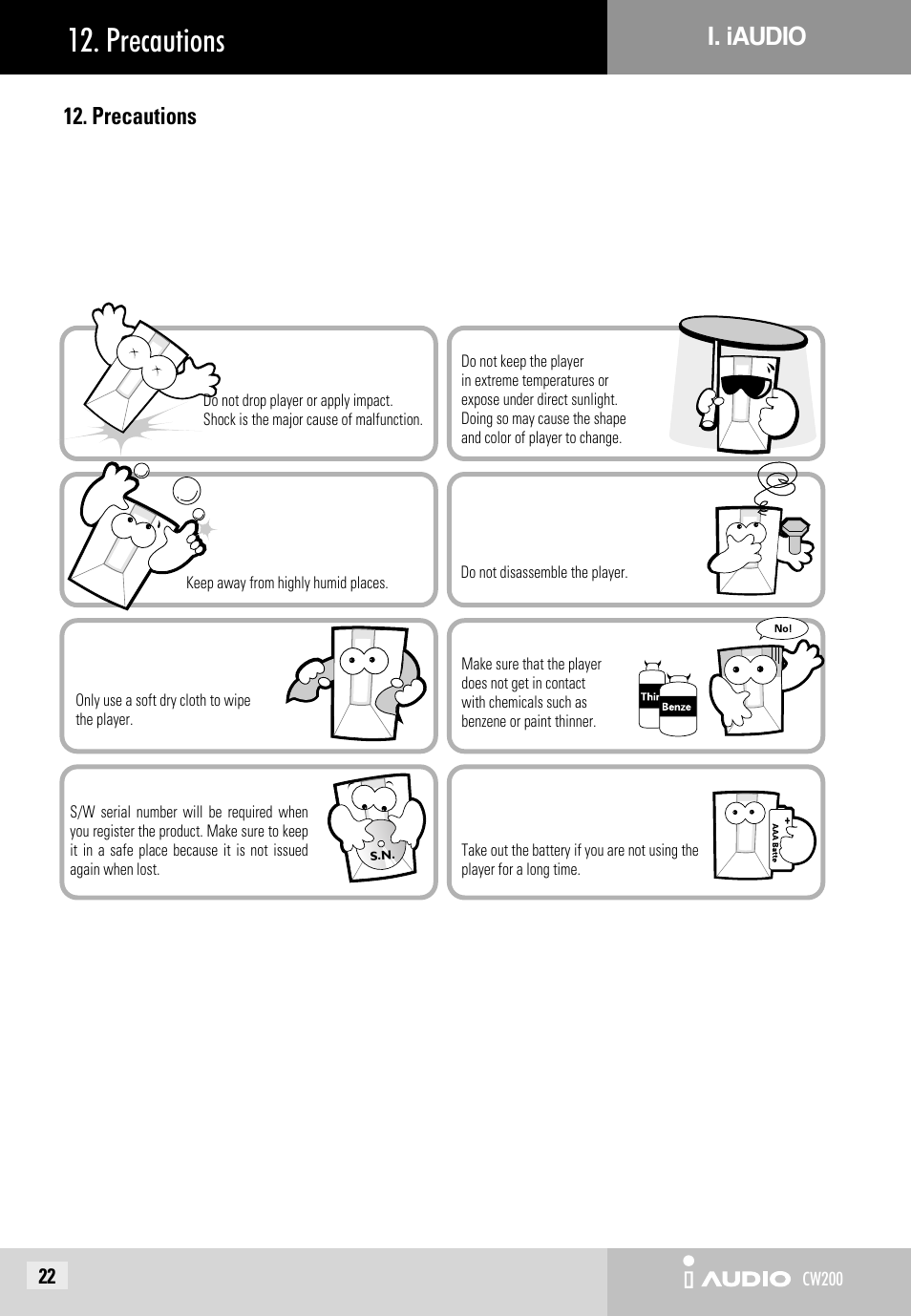 Precautions, I. iaudio 12. precautions | JetAudio iAUDIO CW200 User Manual | Page 22 / 56