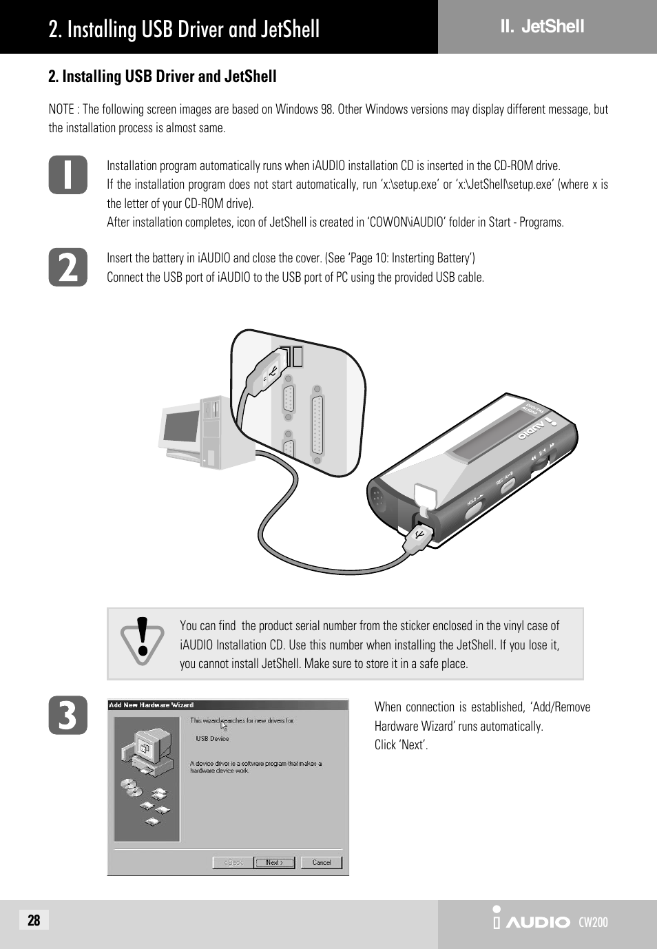 Installing usb driver and jetshell | JetAudio iAUDIO CW200 User Manual | Page 28 / 56