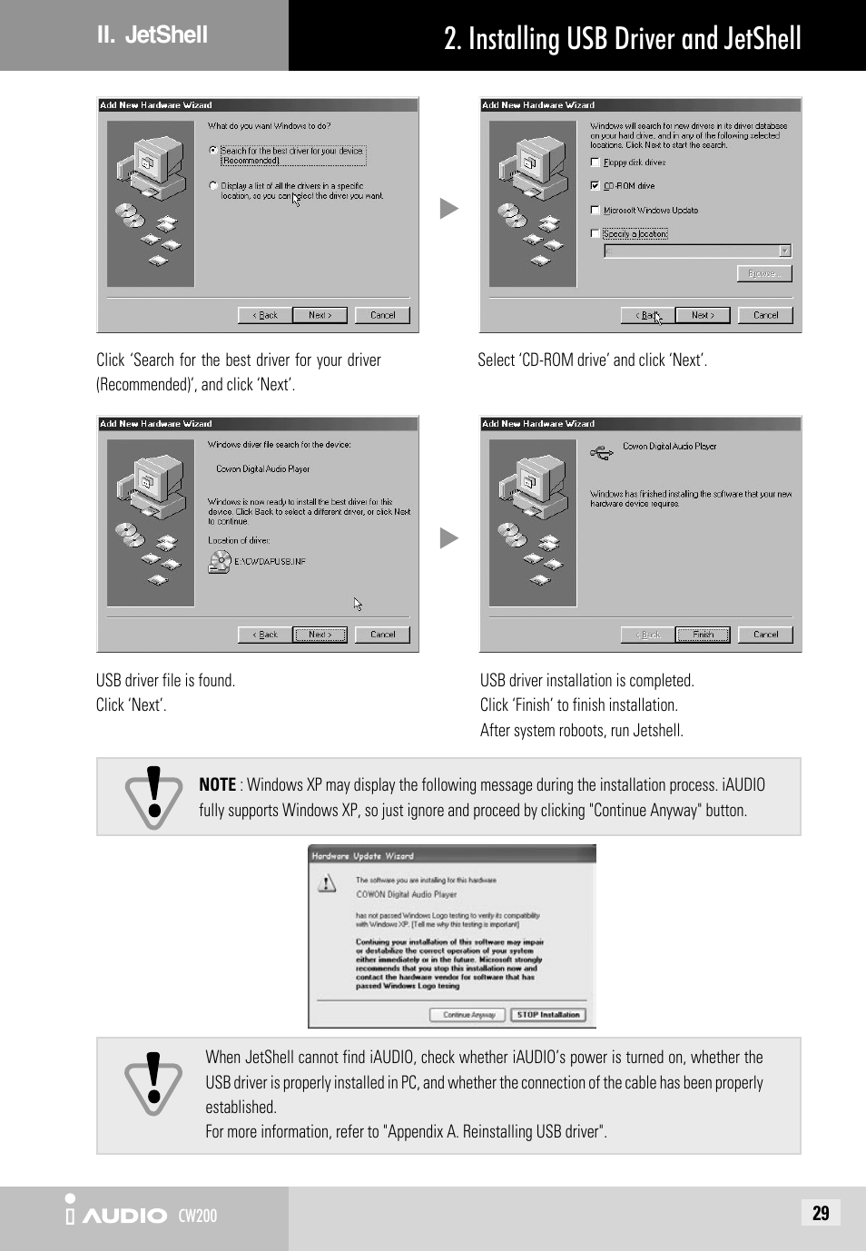 Installing usb driver and jetshell | JetAudio iAUDIO CW200 User Manual | Page 29 / 56