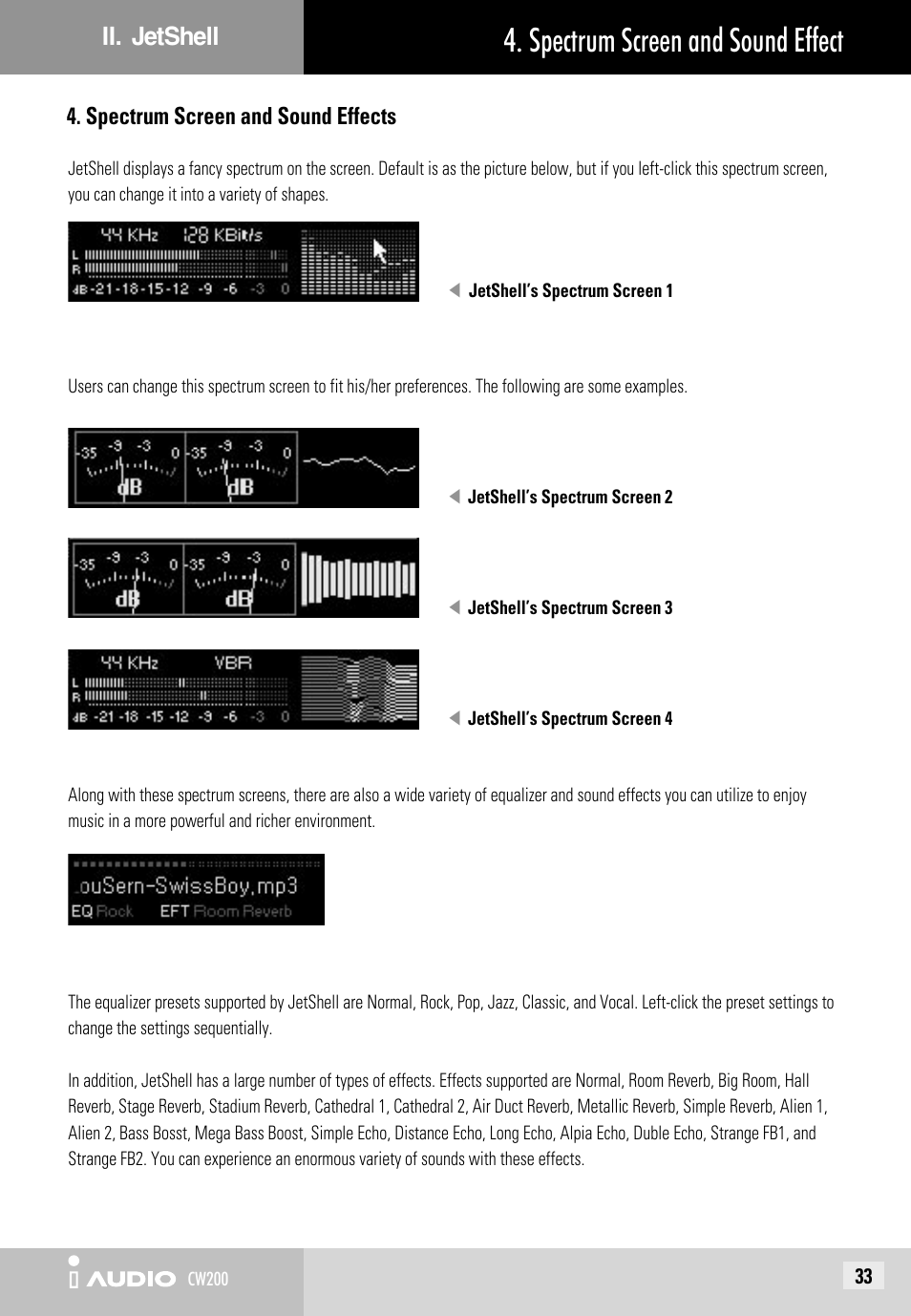 Spectrum screen and sound effect, Spectrum screen and sound effects ii. jetshell | JetAudio iAUDIO CW200 User Manual | Page 33 / 56