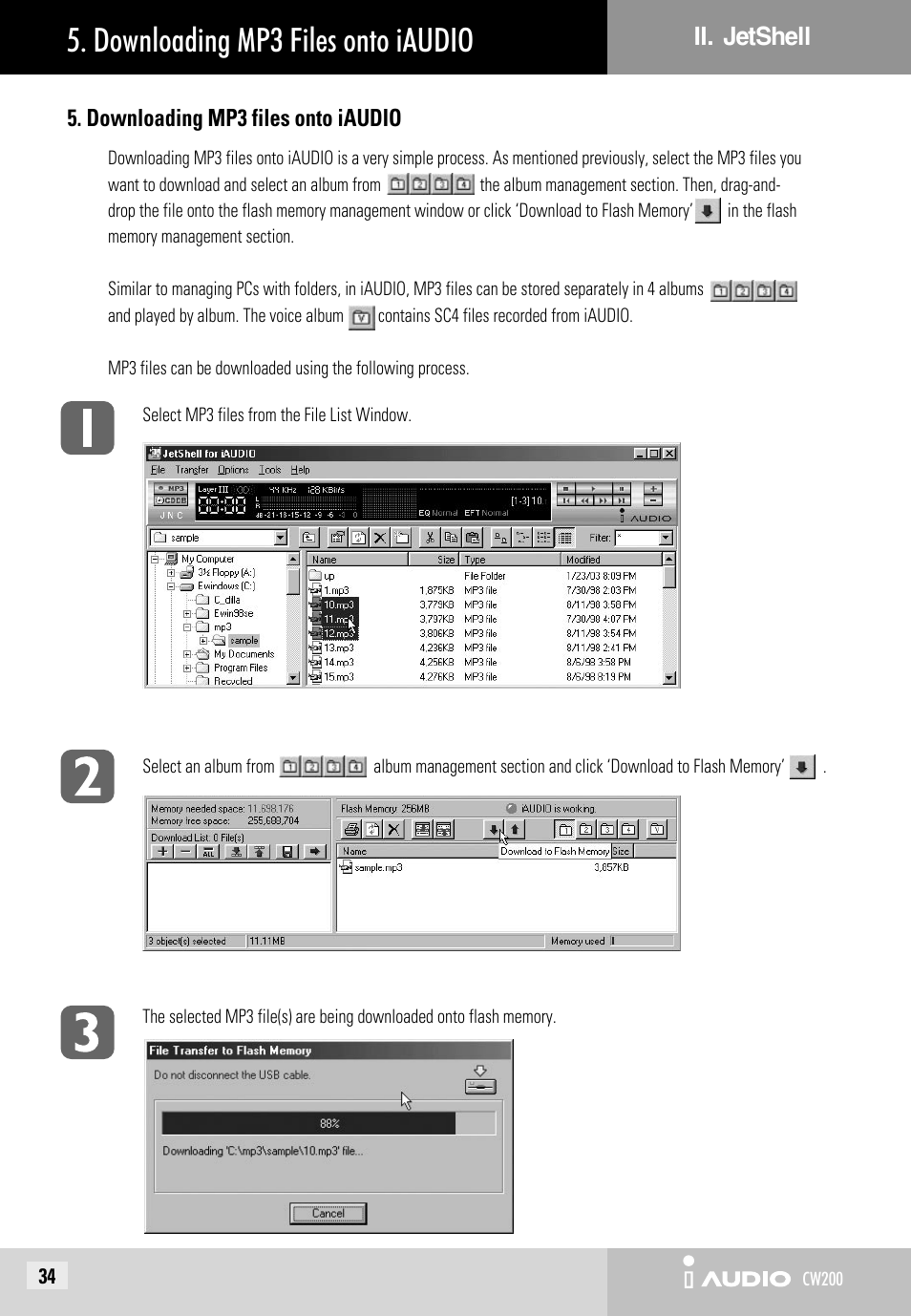 Downloading mp3 files onto iaudio | JetAudio iAUDIO CW200 User Manual | Page 34 / 56