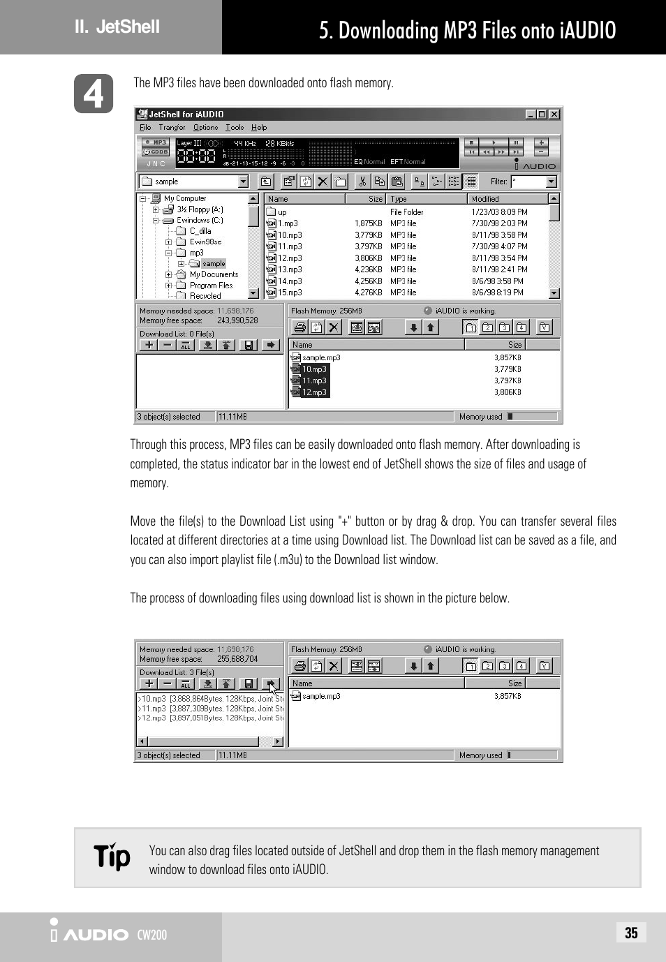 Downloading mp3 files onto iaudio | JetAudio iAUDIO CW200 User Manual | Page 35 / 56