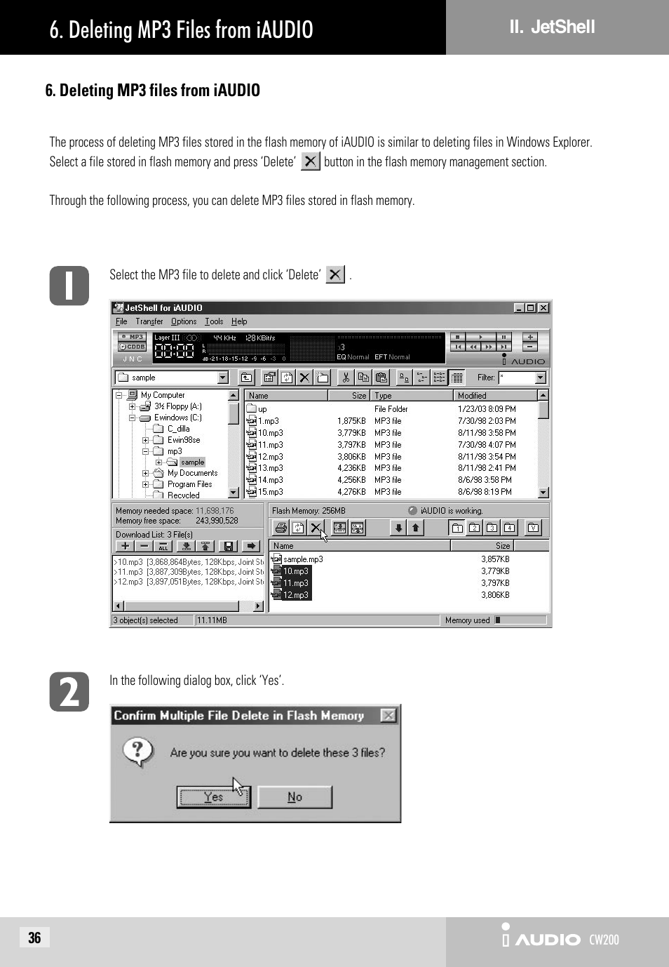 Deleting mp3 files from iaudio | JetAudio iAUDIO CW200 User Manual | Page 36 / 56