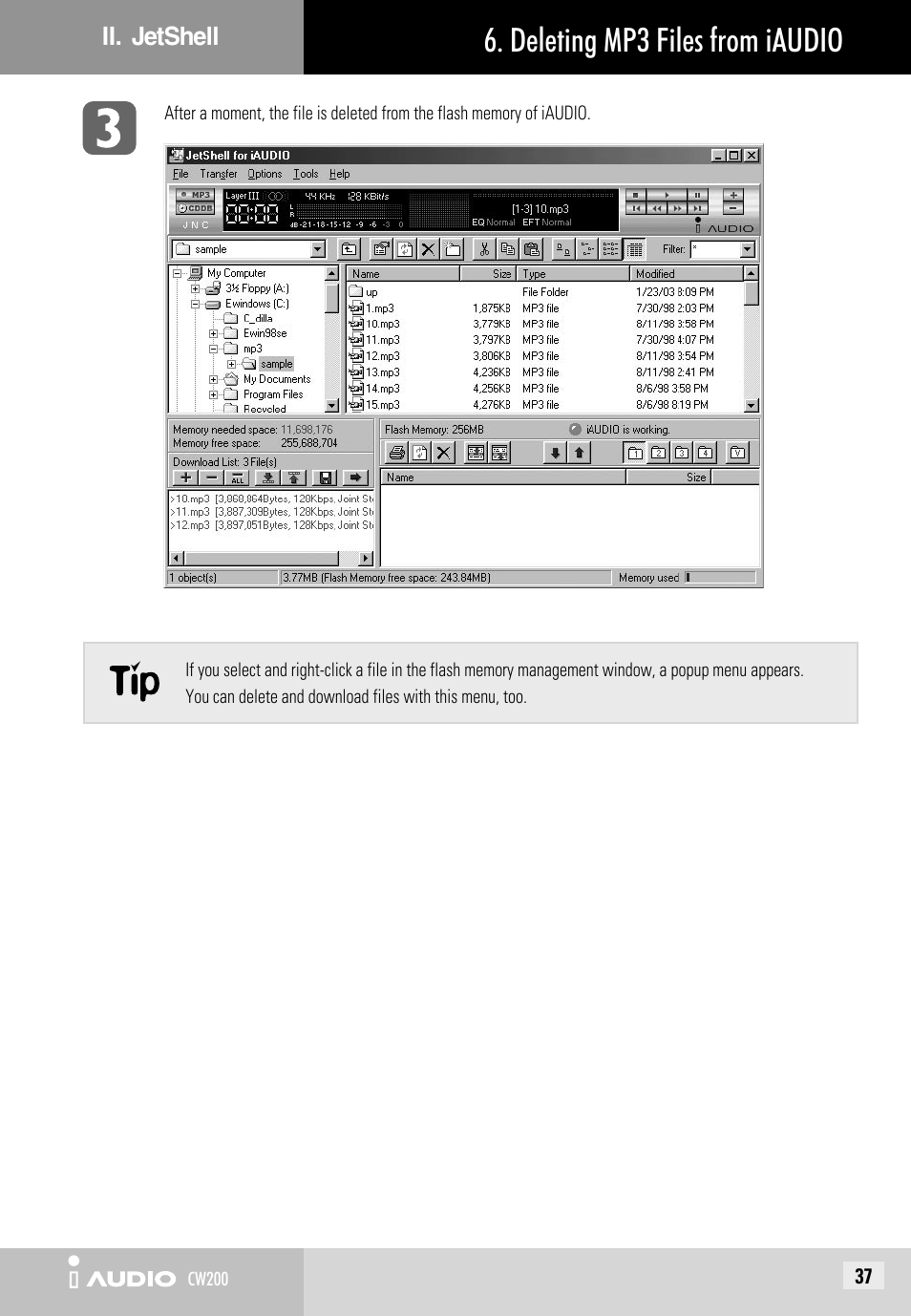 Deleting mp3 files from iaudio | JetAudio iAUDIO CW200 User Manual | Page 37 / 56