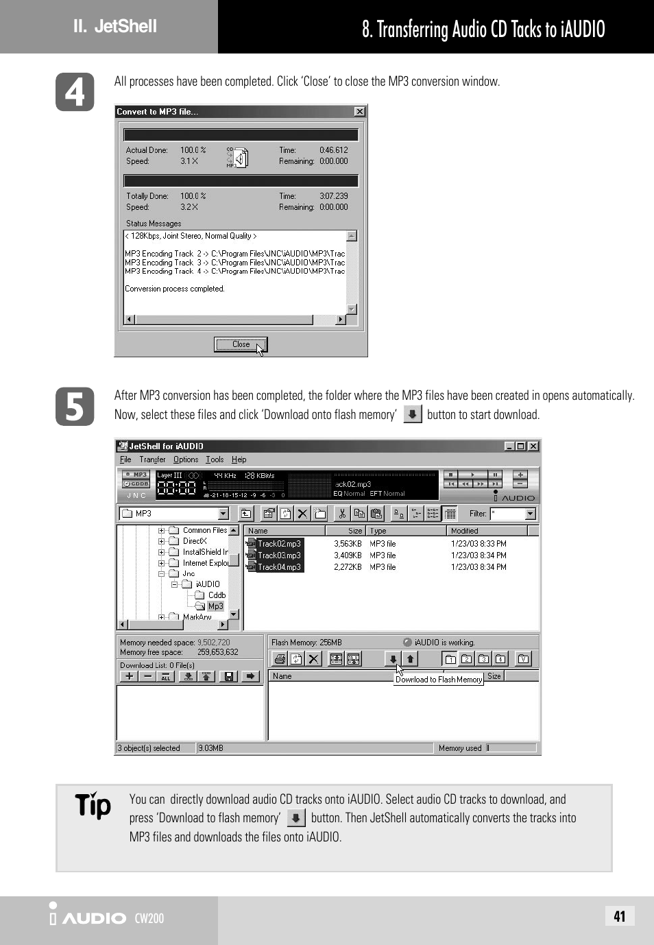 Transferring audio cd tacks to iaudio | JetAudio iAUDIO CW200 User Manual | Page 41 / 56