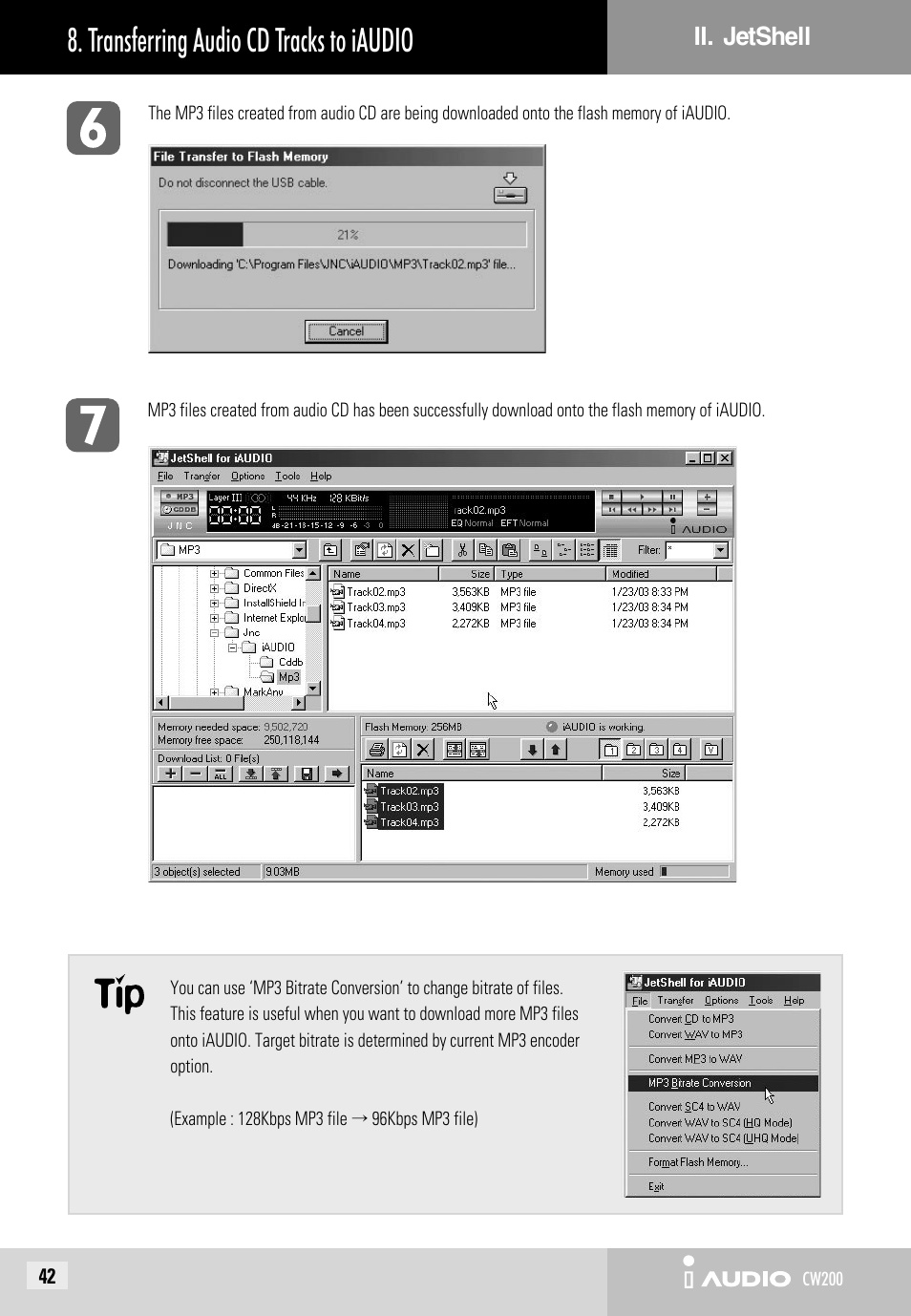 Transferring audio cd tracks to iaudio | JetAudio iAUDIO CW200 User Manual | Page 42 / 56