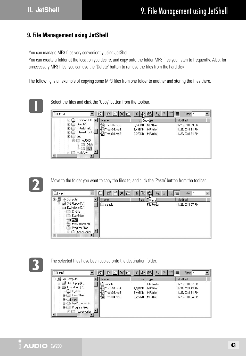 File management using jetshell | JetAudio iAUDIO CW200 User Manual | Page 43 / 56