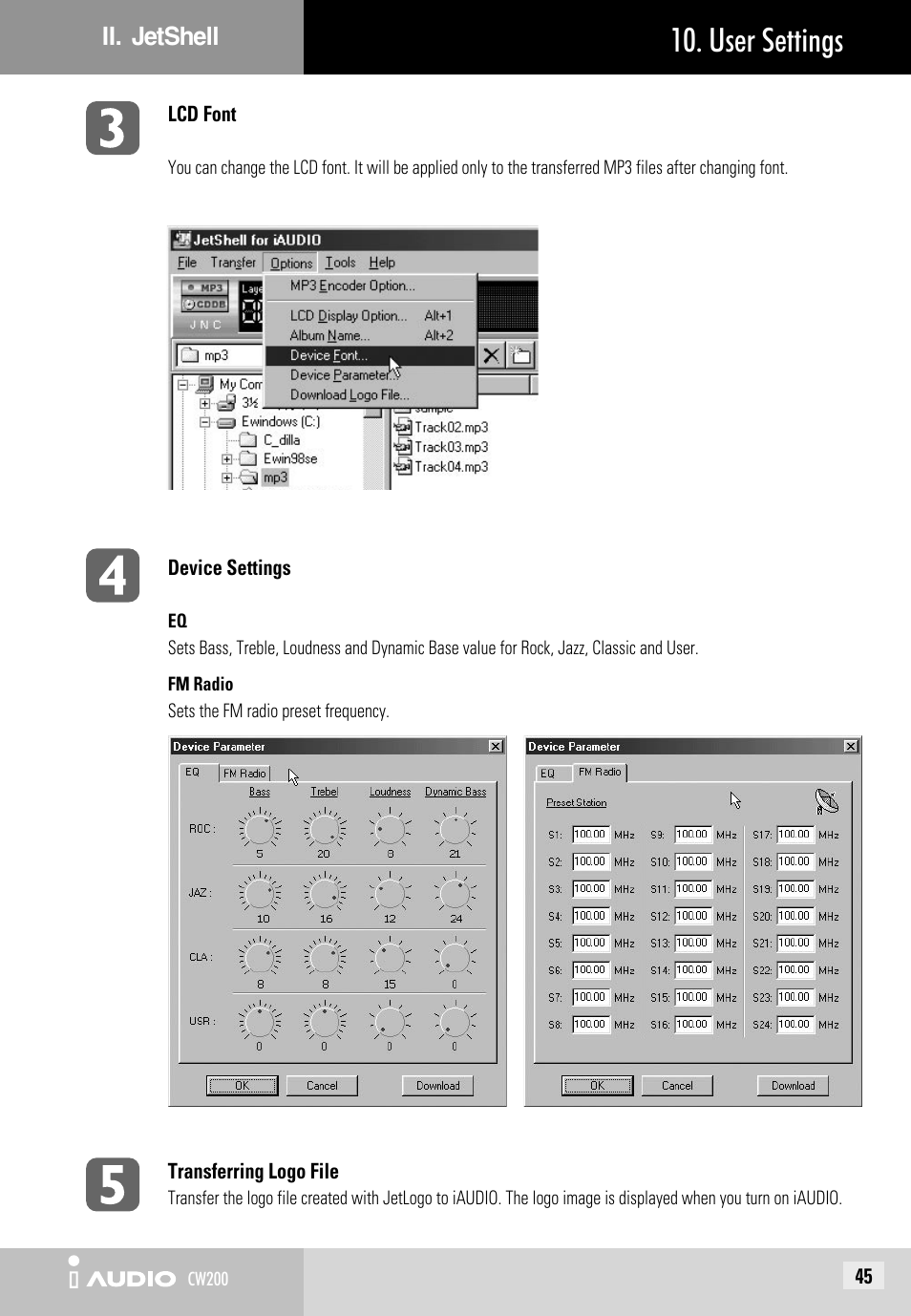 User settings | JetAudio iAUDIO CW200 User Manual | Page 45 / 56