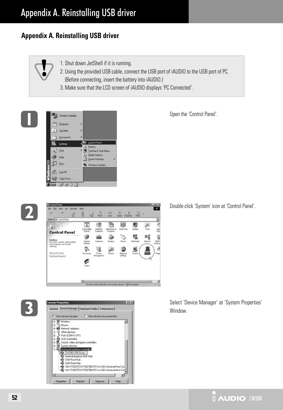 Appendix a. reinstalling usb driver | JetAudio iAUDIO CW200 User Manual | Page 52 / 56