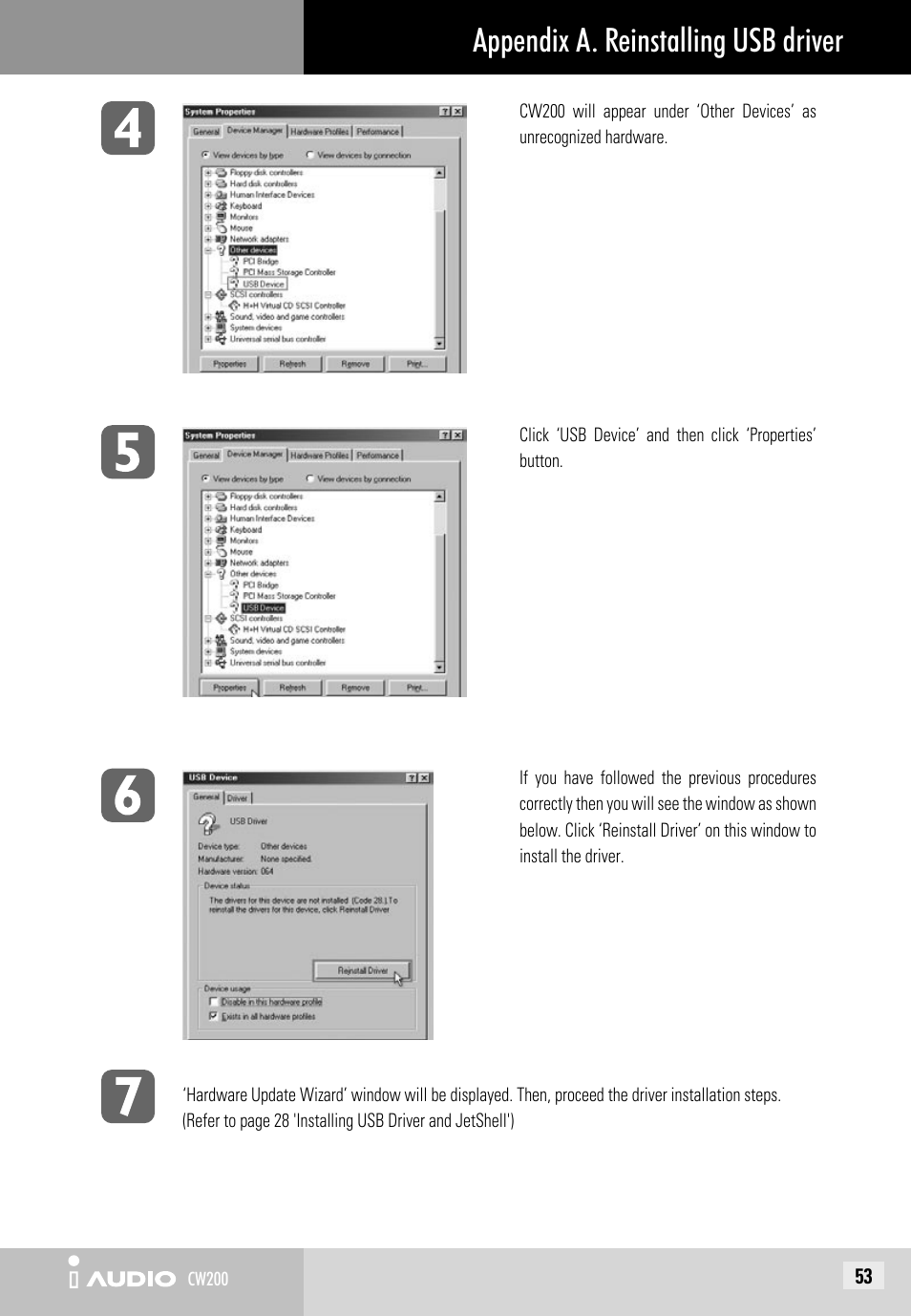 Appendix a. reinstalling usb driver | JetAudio iAUDIO CW200 User Manual | Page 53 / 56