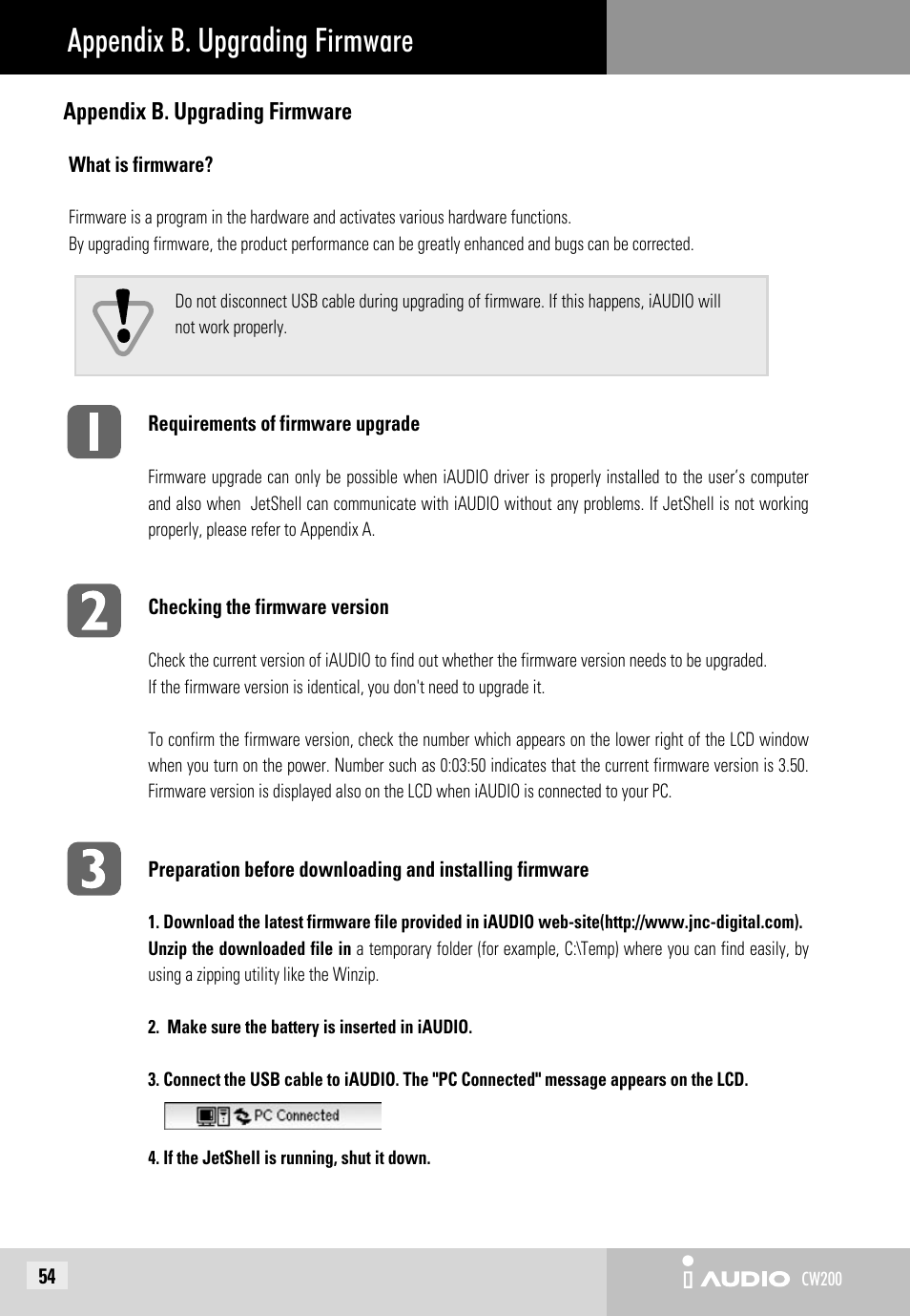 Appendix b. upgrading firmware | JetAudio iAUDIO CW200 User Manual | Page 54 / 56