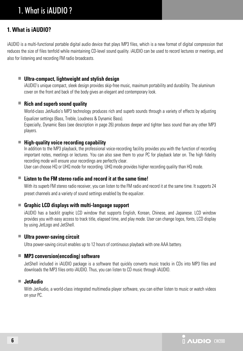 What is iaudio | JetAudio iAUDIO CW200 User Manual | Page 6 / 56