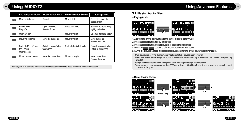 Using iaudio t2, Using advanced features, Playing audio files | JetAudio iAudio T2 User Manual | Page 12 / 27